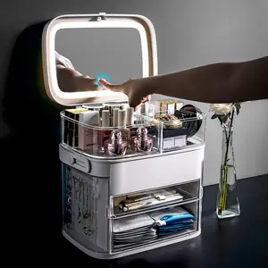 LED Makeup Mirror Integrated Cosmetic Storage Box Desktop Organizer with Dustproof Skincare Vanity Table for Bedroom Influencer Style Jewelry Holder gingham brush