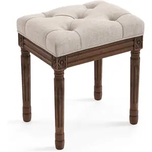 Upholstered Fabric Vanity Bench Seat, Makeup Stools for Vanity, Square Tufted Ottoman Bench with Carved Dark Brown  for Bedroom Living Room, Linen Color
