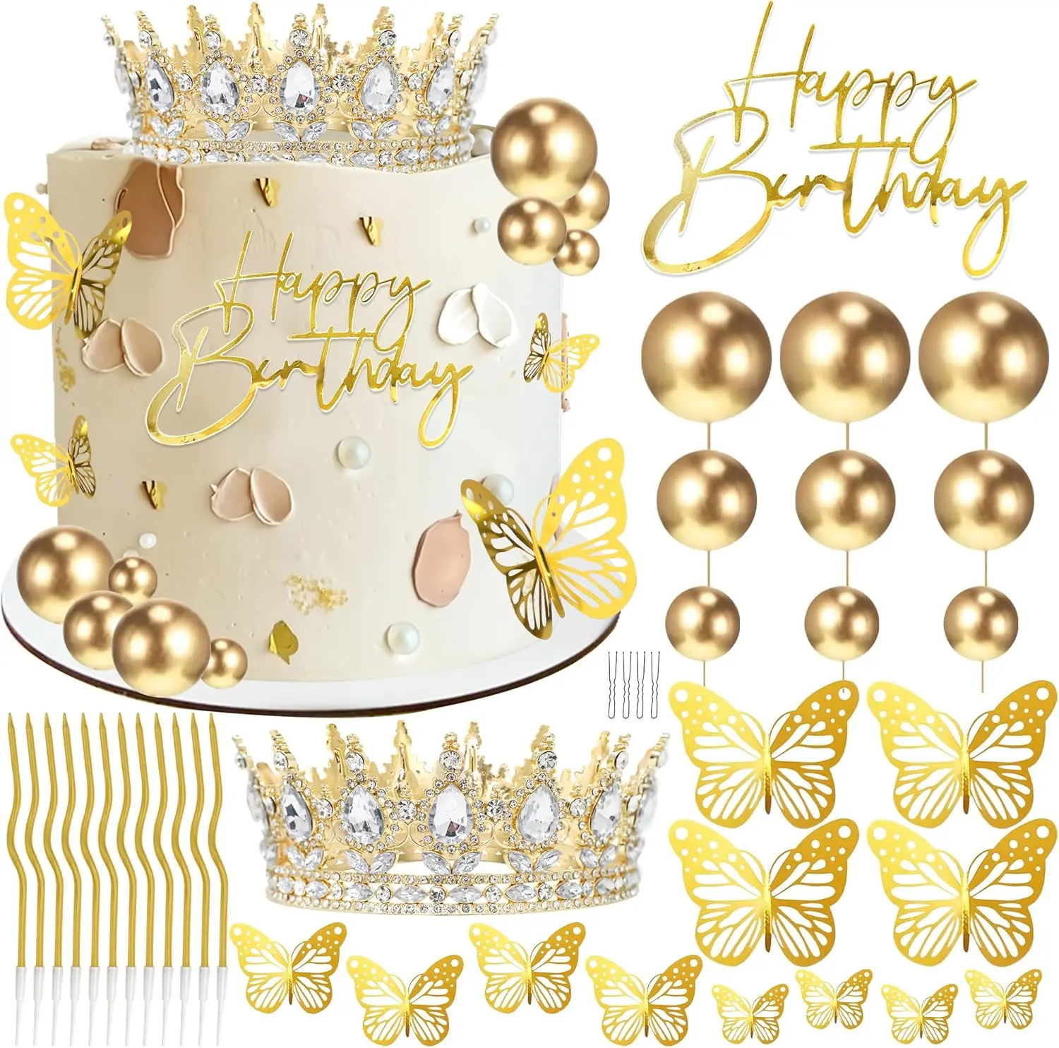 52Pcs Birthday Crown Cake Topper, Cake Decorations with Happy Birthday Cake Topper, Balls, Gold Butterflies, Corona Para Pastel for Women, Princess, Wedding Party Decor (Gold & White) - Home Improvement.