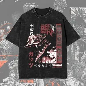 Men's Vintage Washed Licensed Manga Graphic Crew Neck Short Sleeve T-Shirt - Distressed Clothes, Festive Casual All-Seasons Menswear Top, Tshirt
