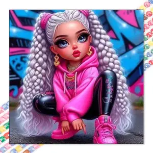 1 DIY handmade diamond painting kit, 5D diamond art set, DIY decoration, pink outfit, white long hair, graffiti background. Diamond painting kit with full round diamonds, mosaic, diamond art, DIY art home decoration, suitable for Christmas.