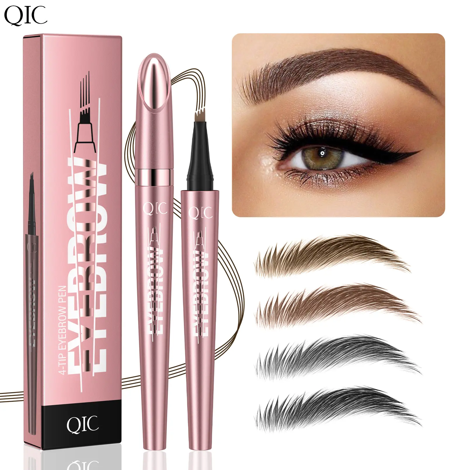 Waterproof 4 Tip Eyebrow Pen for Natural Defined Brows, Microblading Effect Brow Pencil with Fine Hair Strokes, Long Lasting Smudge Proof Makeup Tool for Daily Routine, Travel, Party and Soft Glam Style.