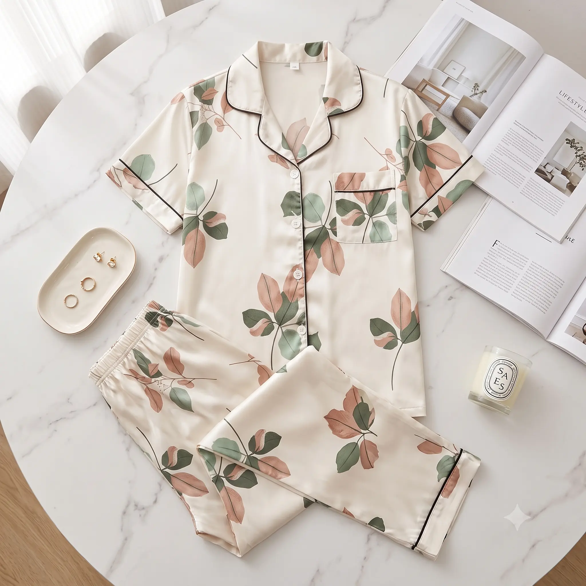 Elegant Silk Satin Leaf Print Pajamas | Short Sleeve & Long Pants PJ Set for Women