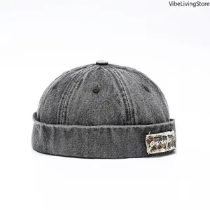 Unisex Vintage Denim Docker Cap - Brimless, Retro Rolled Cuff Sailor Style, Distressed Washed Miki Design, Breathable Skull Cap, Outdoor Hats, Trendy Hat, Streetwear Hip Hop Accessory