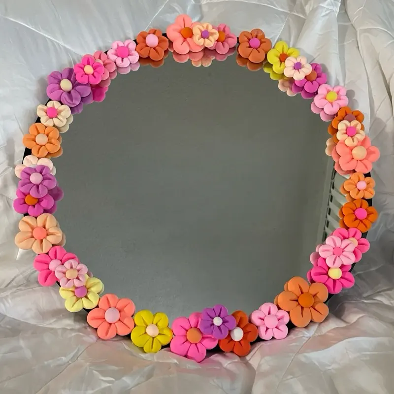 Handmade Clay Flower Mirror – Aesthetic Wall Decor