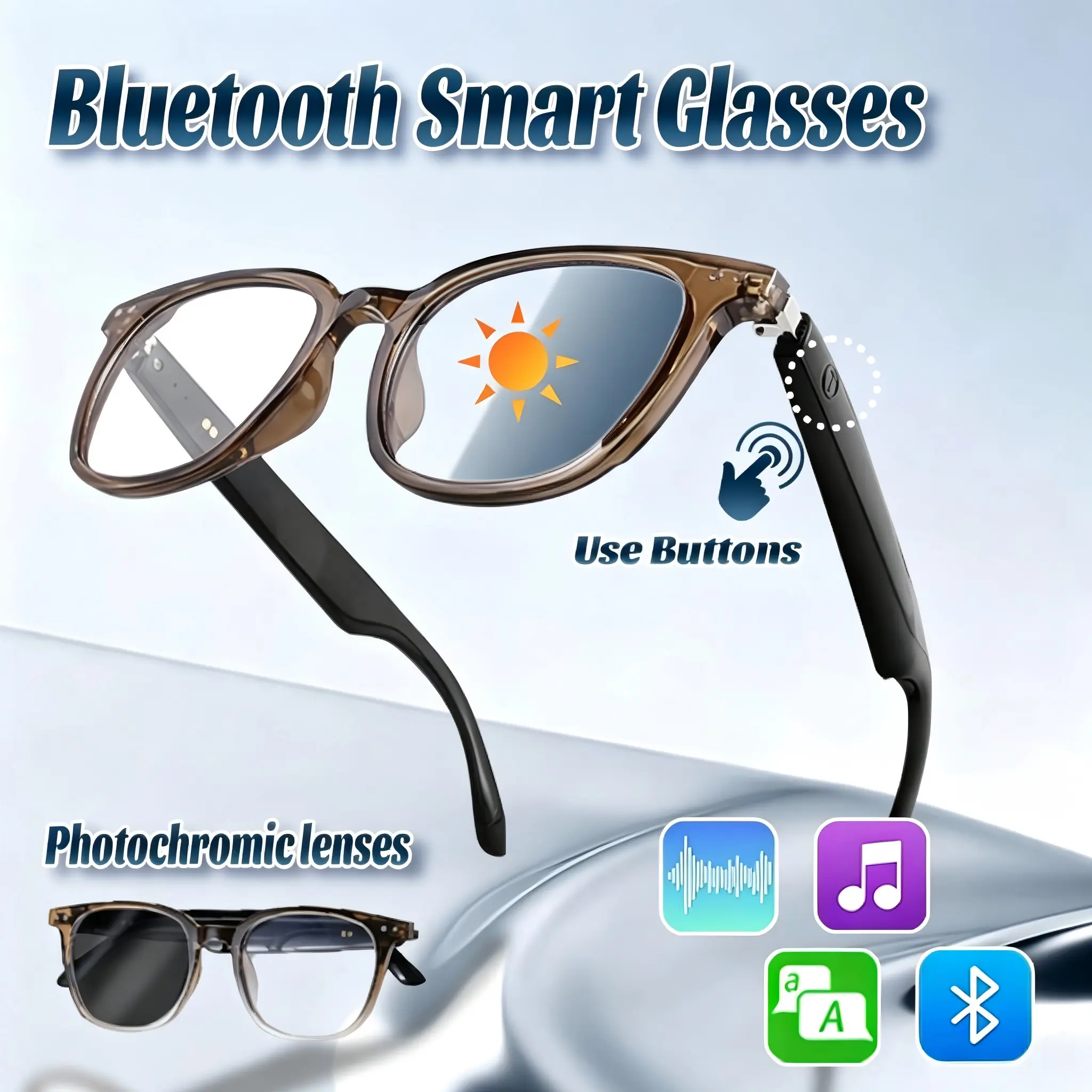 Unisex Adults Ultra-Lightweight Design Modern AI Wearable Smart Glasses - Rectangular, Real-Time Translation, Wireless Audio, Hands-Free Calling, USB Magnetic Charging, Anti-Blue Light & UV Protection, Long Battery Life for Fitness, Business, All-Day Use