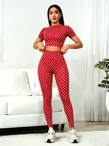 Women's New Short Sleeve Crop Top and High Waist Leggings Set, Polka Dot Design, Elastic and Breathable, Ideal for Sports and Daily Wear, Athleisure Activewear Set