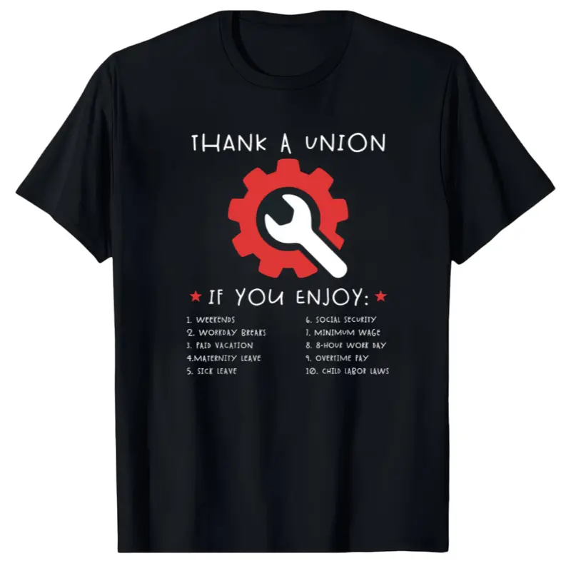 Women's Unisex Short-Sleeve Cotton Fabric Round Neck Labor Day Thank A Union Tee - Black with Red Gear Prints, Machine Washable Casual Protest Apparel for Union Members, Parade, Shortsleeve, Soft,clothes for back to school,first day of school outfits
