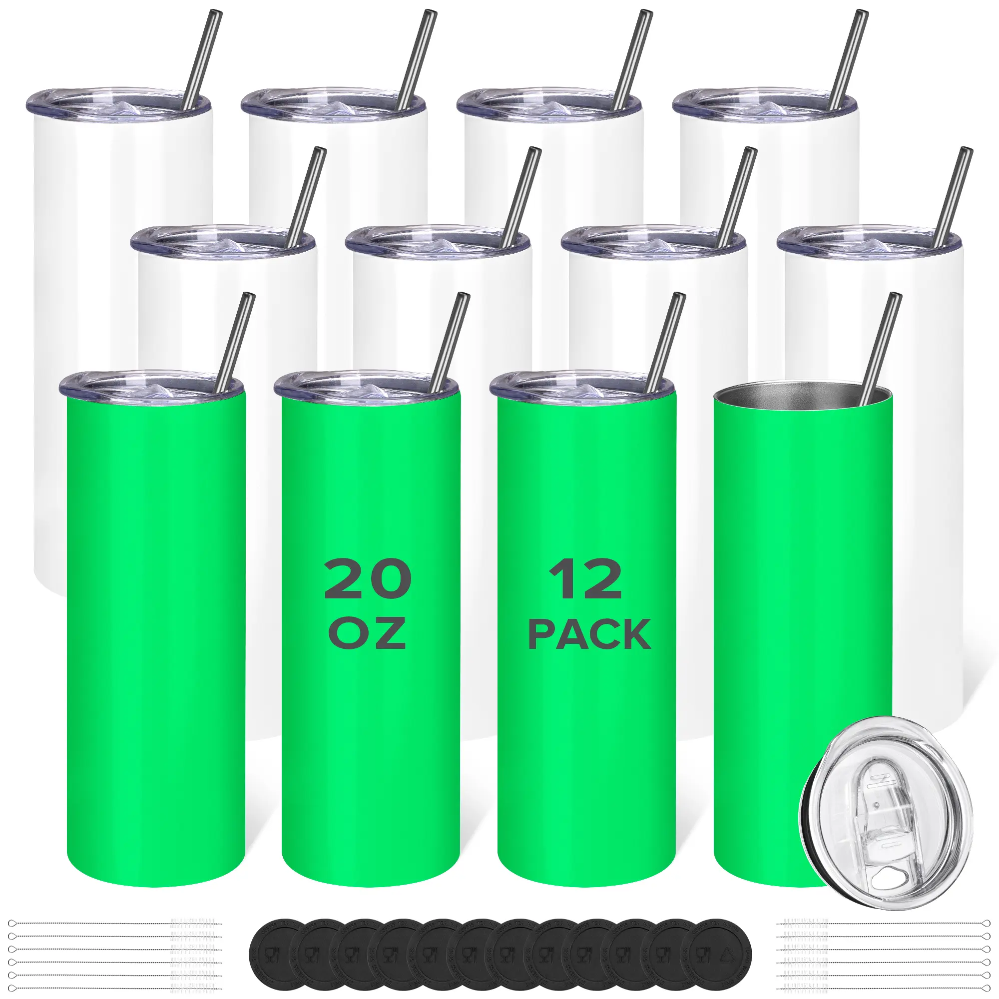 FASTSUB 20oz Skinny Slim Cylinder Reusable Stainless Steel Insulated Glow-in-the-Dark Sublimation Water Bottles (12 Pack) with Lid, Straw, Silicone Pad, Shrink Wrap - Leak-Proof Portable Kitchenware Drinkware for Heat Press Machine, Set Of 12, Tumbler, Gi