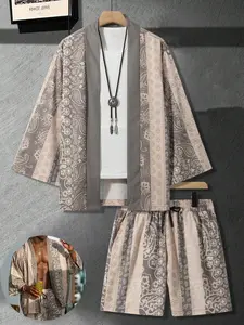 Two-Piece Set Men's Paisley Print Short Sleeve Open Front Kimono & Elastic Waist Shorts, Casual Breathable Comfortable Outfits for Daily Wear, Men's Clothes for Summer, Menswear