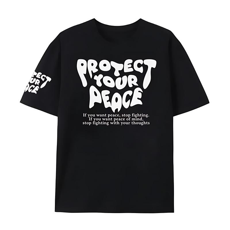 Men's Loose Knit Cotton Short-Sleeve Round Neck T-Shirt - Menswear Micro Elastic Casual Top with Inspirational "Protect Your Peace" Groovy Bubble Font Positive Quote Geometric Print