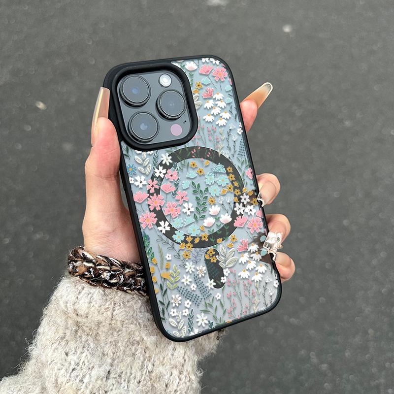 Chic Botanical Graphic Phone Case Hand-Drawn Style Pink, Blue & Yellow Wildflowers Paired With Lush Greenery Featuring Built-In Strong Magnet Ring Blending Smooth Macaron Texture With Secure Magsafe Compatibility For iPhone 17 16 15 14 13 12 11 X XS