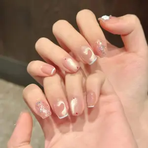 Short square blue French press-on nails with 3D inlaid diamonds, sequins, glitter and shiny crushed diamonds, stylish minimalist floral, mermaid shimmer and polka dot false nails with jelly glue and nail file