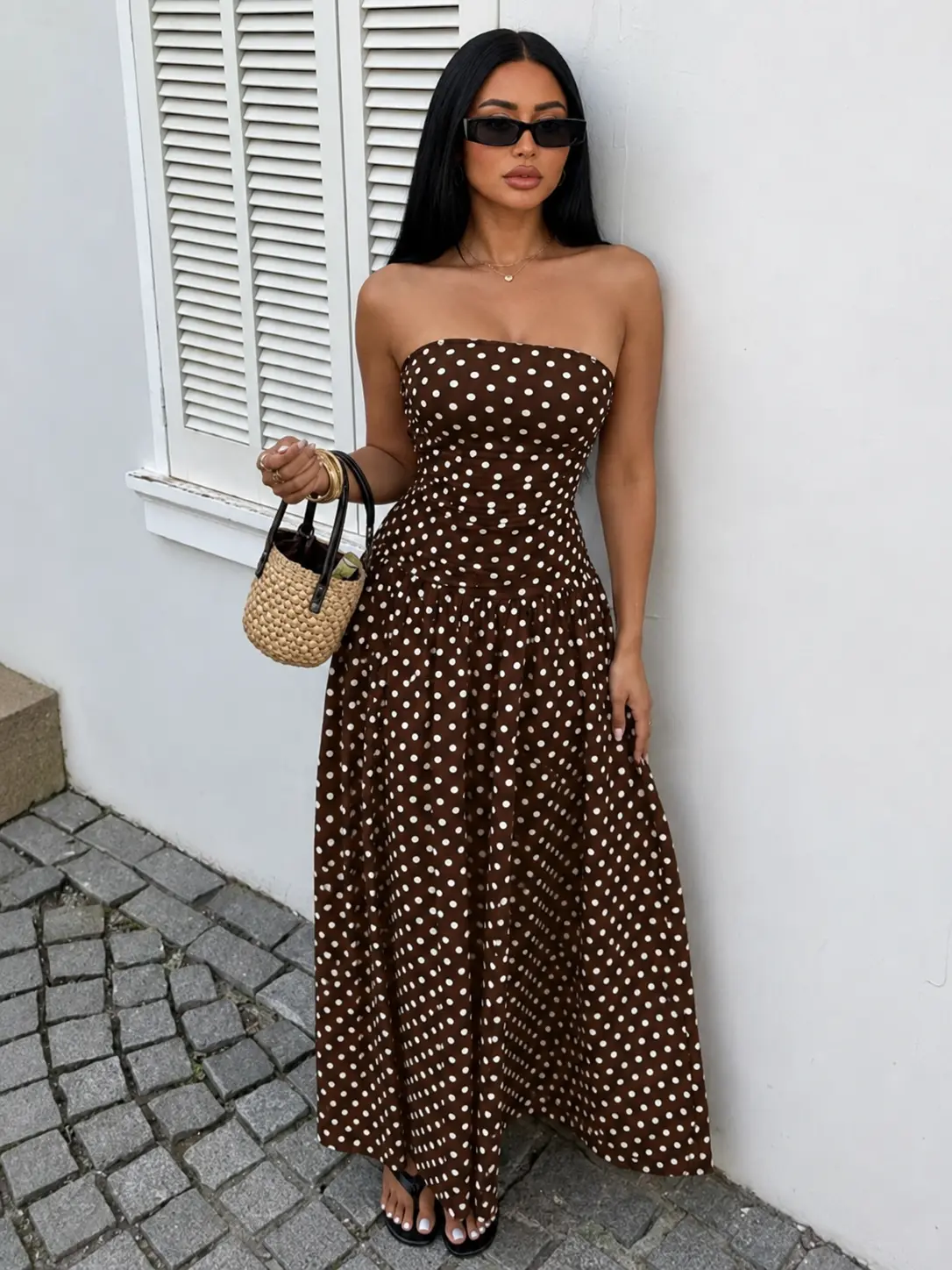 Women's Polyester Sleeveless Polka Dot Strapless Maxi Dress - Flowy A-Line Casual Gown for Lady Summer Vacation Brunch, Gowns, Fabric, Print