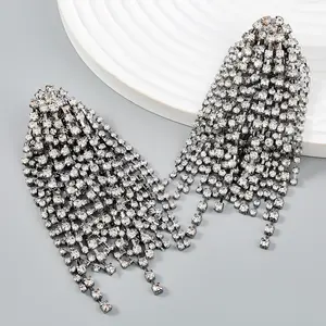 Exaggerated trendy alloy rhinestone tassel earrings for girls' parties