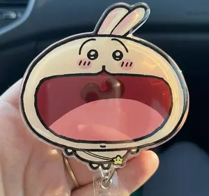Chiikawa Kawaii Badge Reel Hachiware Usagi Momonga Rakko Shisa Retractable Badge Reel – Kawaii Acrylic ID Holder, Anime Character Office Accessory, Unique Gift for Nurses, Teachers, Doctors