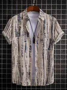 Men's lightweight polyester fiber casual printed short-sleeved Collared shirt - spring, summer and autumn outdoor activities regular design, opaque fabric, Tropical