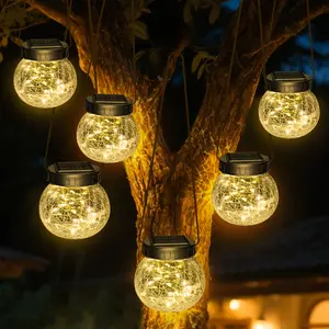 Solar Lanterns Outdoor Waterproof 6 Pack, Hanging Solar Lights with 30 LED, Cracked Glass Hanging Globes for Garden Patio Fence Yard Christmas Tree Decoration
