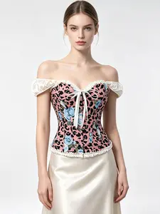 Monet Oil Painting Style Women's Victorian Corset Top Double Layer Non-Stretchy Pink Leopard Blue Rose Boned Strong Waist Cincher Off Shoulder Satin Puff Sleeve Festival Party Photo Ready Going Out Spicy Girl Outfit