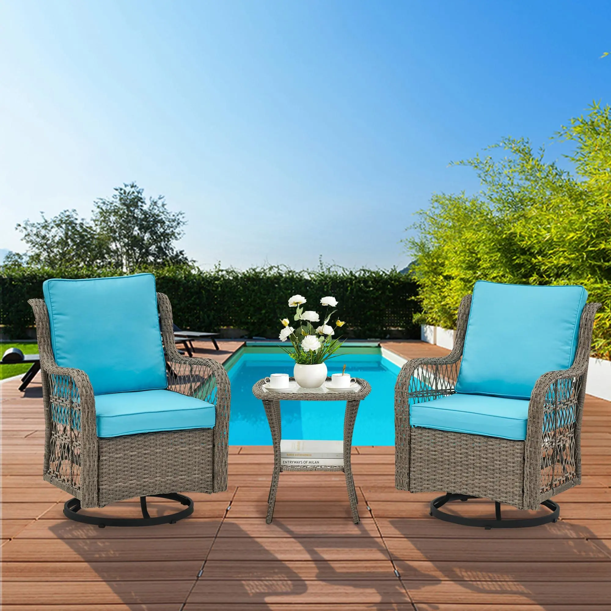 GAOMON 3 Pieces Outdoor Swivel Rocker Chair Set, Outdoor Swivel Glider Rocker, Outdoor Rocking Chair Set with Glass Top Table with Thick Cushions for Backyard, Balcony, Deck