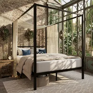 Metal Canopy Platform Bed Frame with 4 Posts, Full Queen Size Mattress Foundation, Sturdy Metal Slats Support, Noise Free No Box Spring Needed, Easy Assembly, Modern Bedroom Home Furniture Decor