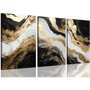 Black and Gold Wall Art, Abstract Canvas Framed Wall Art Marble Pictures Wall Decor Prints Paintings Set of 3 for Living Room Bedroom Office Bathroom 12x16in