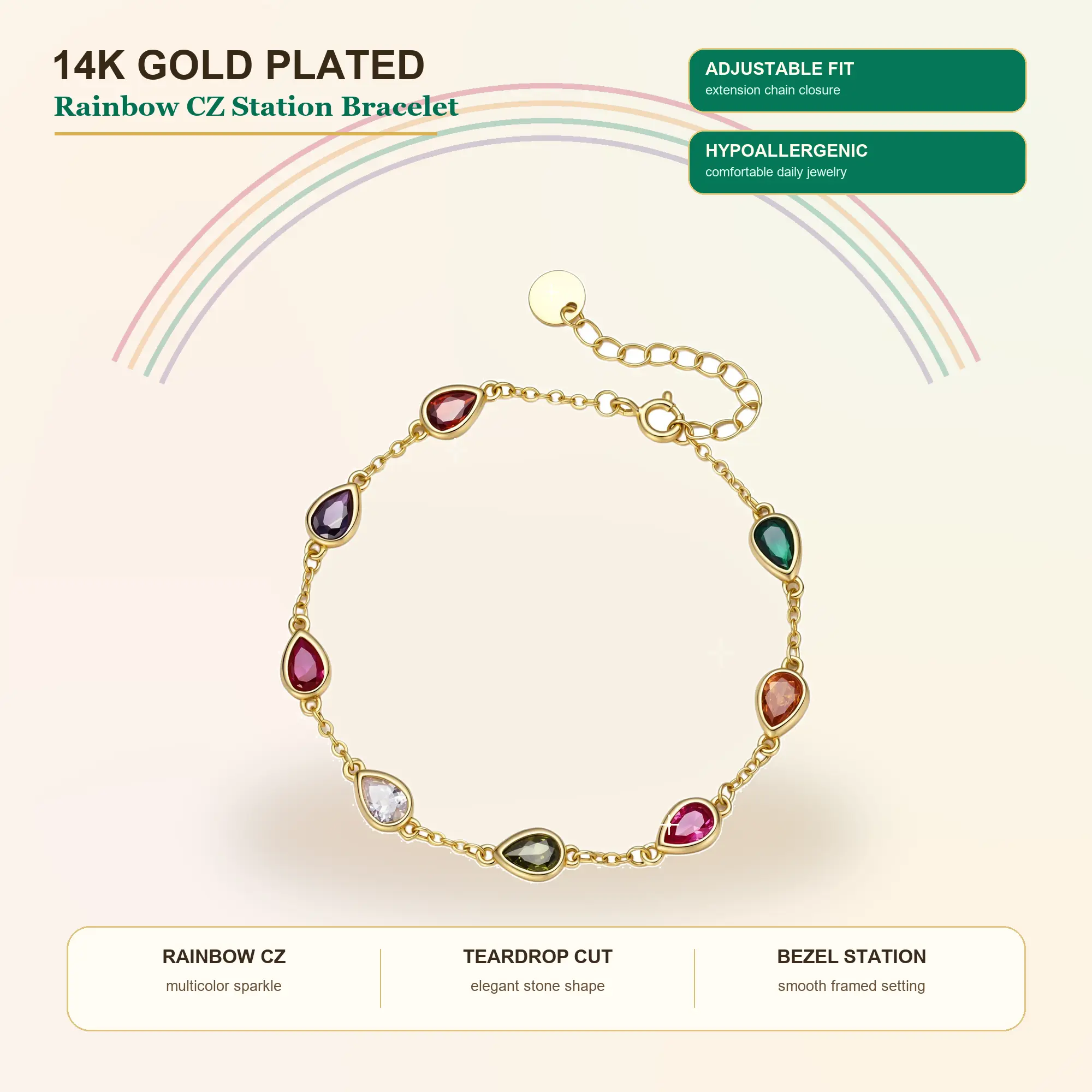 Aurem 14K Gold Plated Multicolor Chain Bracelet, Rainbow Teardrop Cubic Zirconia Bezel Station Bracelet, Hypoallergenic Adjustable Jewelry