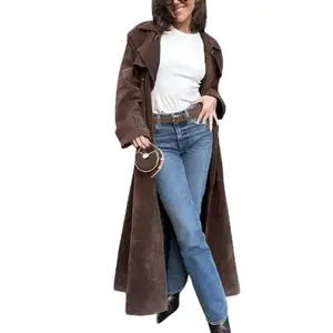 utcoco Women's Faux Suede Long Trench Coat Notched Lapel Double-Breasted with Belt Casual Fitted Outerwear Jackets Tops for Autumn & Winter