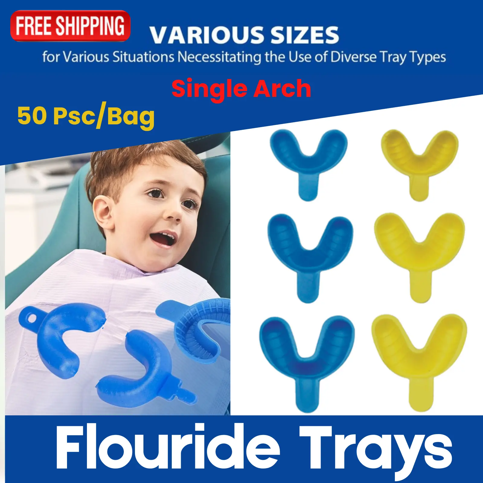 Dental Single Arch Disposable Flouride Trays (50/Pack) – Small, Medium, Large