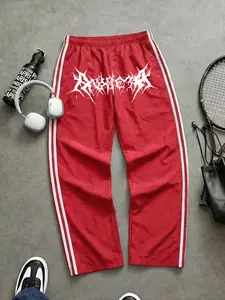 Men's Y2K Style Drawstring Sports Pants, Casual Sporty Trousers, Gothic Print, Casual Straight Leg, Velvet Fabric, Fashionable Outdoor Wear, Suitable for Gym, Running, Basketball, Sports Bottoms, Athleisure Style