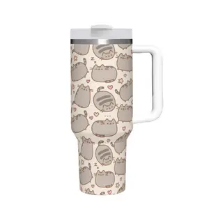 40oz Insulated Mug, Full Pusheen Cat colorful with intricate patterns Insulated Tumbler,Double-Wall Vacuum Insulated Stainless Steel with Straw Lid & Handle, Leak-Proof Thermal Mug Keeps Drinks Hot 12H and Cold 24H, Valentines Birthday Gift