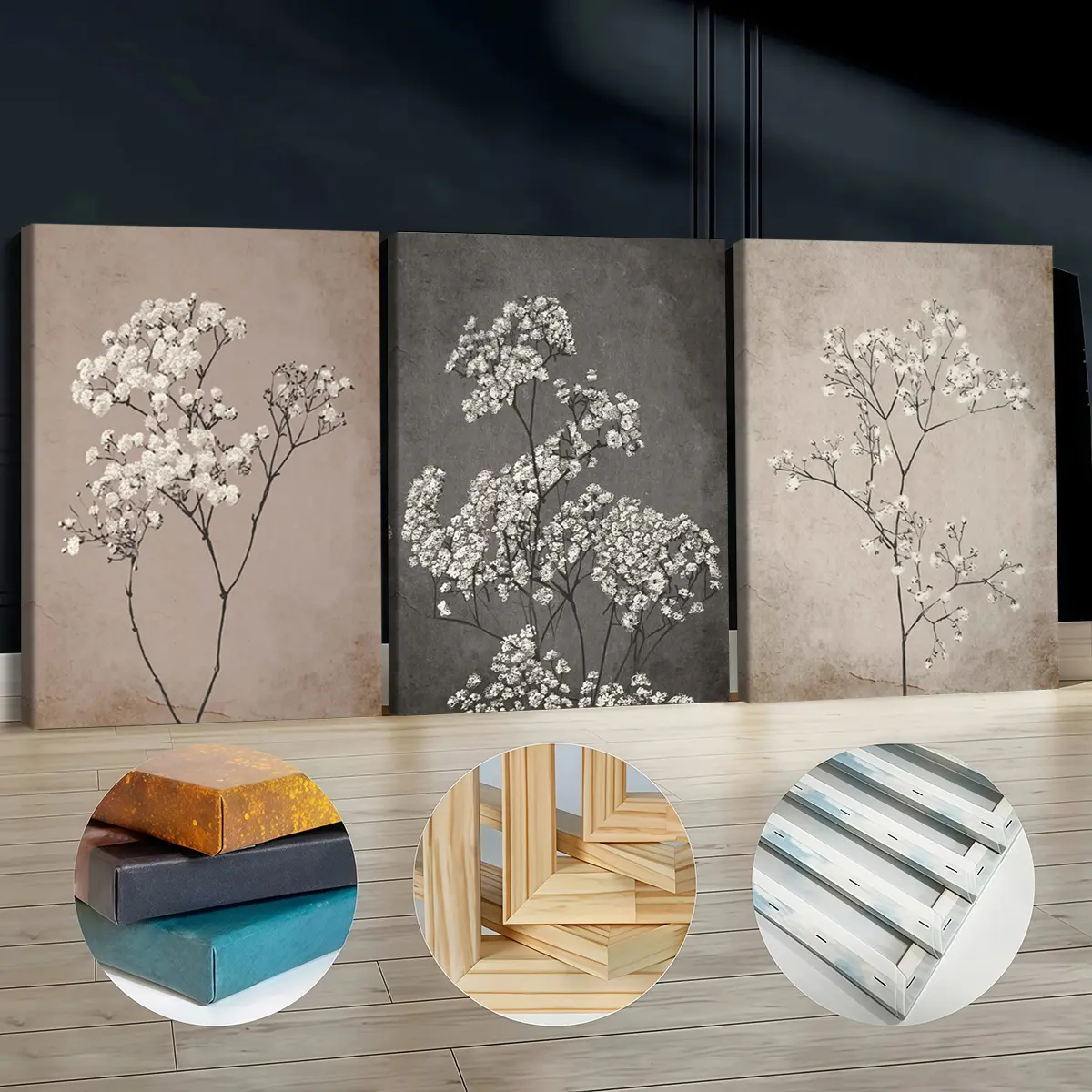 3Pcs Wood-Framed Canvas Paintings - Artistic Beige & Grey Floral Pattern Prints, Odorless Home Supplies, Elegant Wall Decor for Living Room, Bedroom Decor