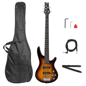 GIB Electric 5 String Bass Guitar Full Size Bag Strap Pick Connector Wrench Tool Sunset Color Kit with Case and Accessories