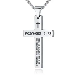 Inspirational Bible Verse Cross Necklace for Men Boys, Stainless Steel Plain Black Silver Cross Pendant Necklace for Men Curb Chain Faith Jewelry Gift