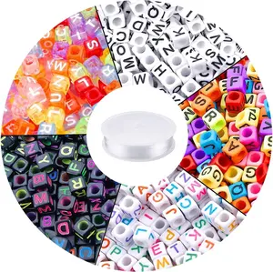 1400 count 5 Color Cube Alphabet Beads Bracelet Letter Beads for Bracelets Making with 1 Roll 50M  String Cord for  Making6mm