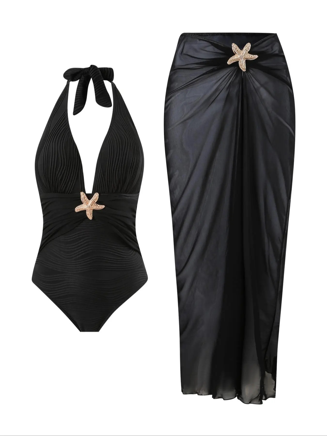 Women's Solid Color Starfish Decor One-piece & Beach Skirt Set, Casual Fashion Tie Back Swimsuit with Skirt for Beach Holiday Vacation, Ladies Swimwear for All Seasons, Swimsuit Beachwear, Sea Fancy Swimsuits, Stretch Fabric Swimwear