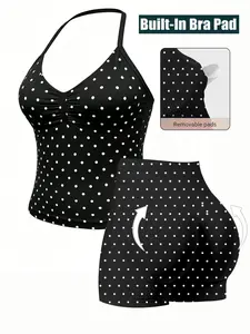 Women's Comfortable Halter V-Neck Sports Yoga Set, Fashion Polka Dot High Waist Shorts, Breathable Sleeveless Workout