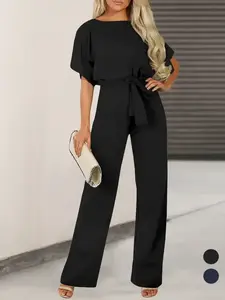 Women's Plain Cut Out Tie Front Batwing Sleeve Fit Jumpsuit, Casual Simple Short Sleeve Straight Leg Jumpsuit for Summer, Chic Fashion Style Women's Jumpsuit for Daily Wear