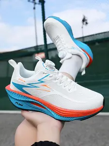 Unisex White-Blue-Orange Knob Trendy Casual Sports Running Shoes, Colorful Lightning Design, Knob One-Click Adjustment, Thick Sole Height Boost & Anti-Slip Wear-Resistant, Sporty Running Shoes