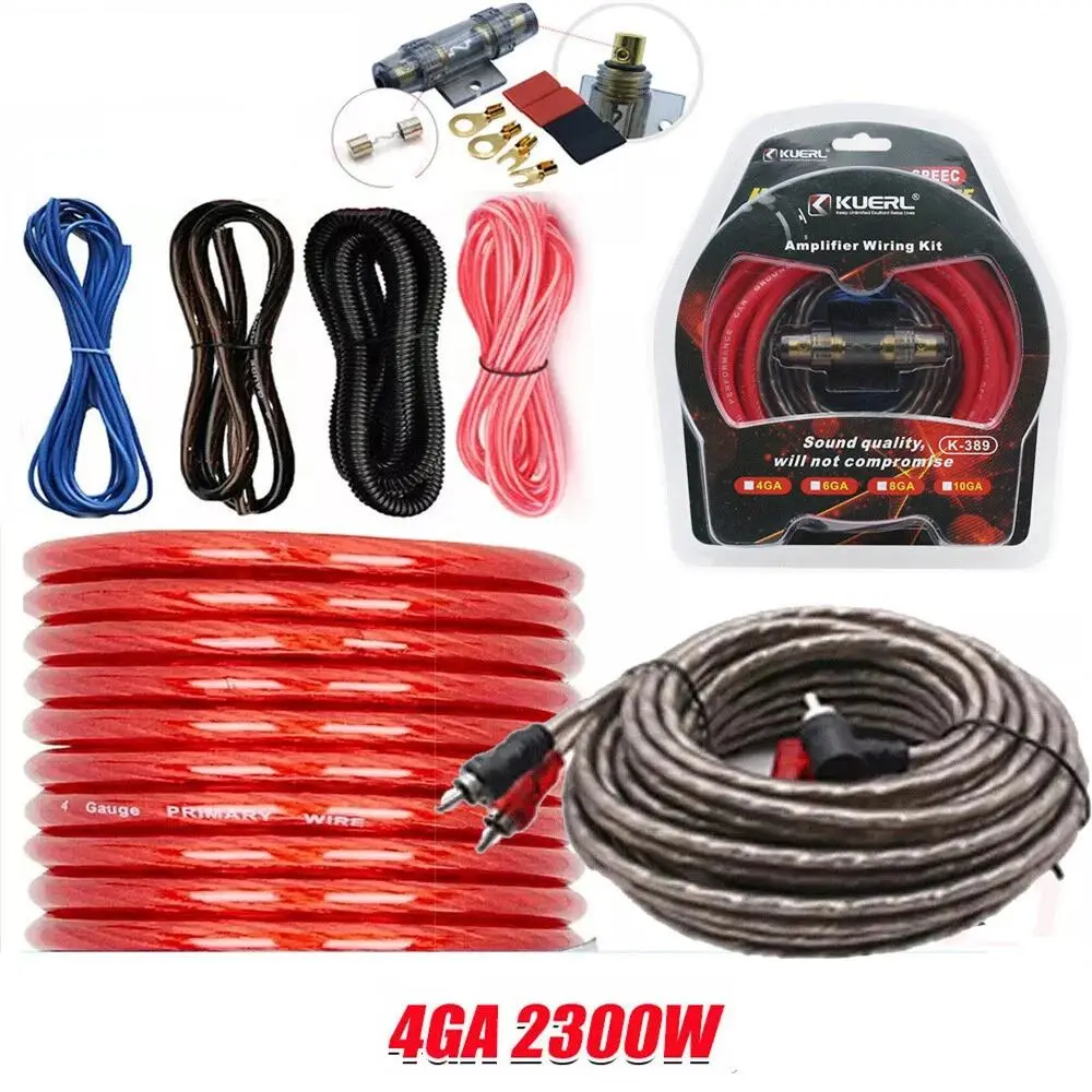 4 Gauge High Power Car Stereo Wiring Kit, 2300W Capacity with 60A Fuse Holder, Noise Reduction RCA Cable, Thick Durable Wires for Aftermarket Car Subwoofer Amplifier