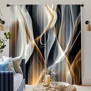 2-Piece Curve Print Curtains, Fashionable Rod Pocket Window Drapes for Bedroom & Living Room, Easy Installation, Home Decoration Curtain