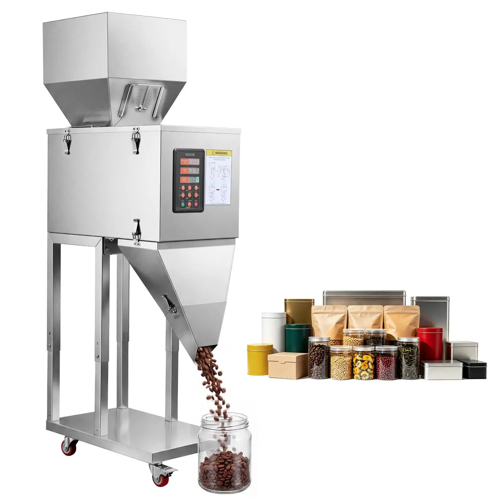 VEVOR Powder Filling Machine, 10-999g (0.02-2.2lbs) Automatic Particle Dispenser, Stainless Steel, Intelligent Weighing Dispensing Filler with Foot Pedal, for Coffee Beans, Grains, Tea, Spices, Silver
