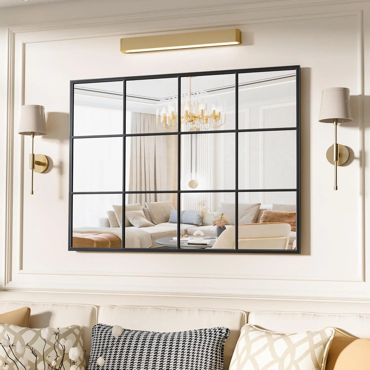 Wall Mirror, Metal Framed Window Pane Design Decorative Mirror, Wall-Mounted for Bedroom, Living Room, Entryway, Modern Home Decor
