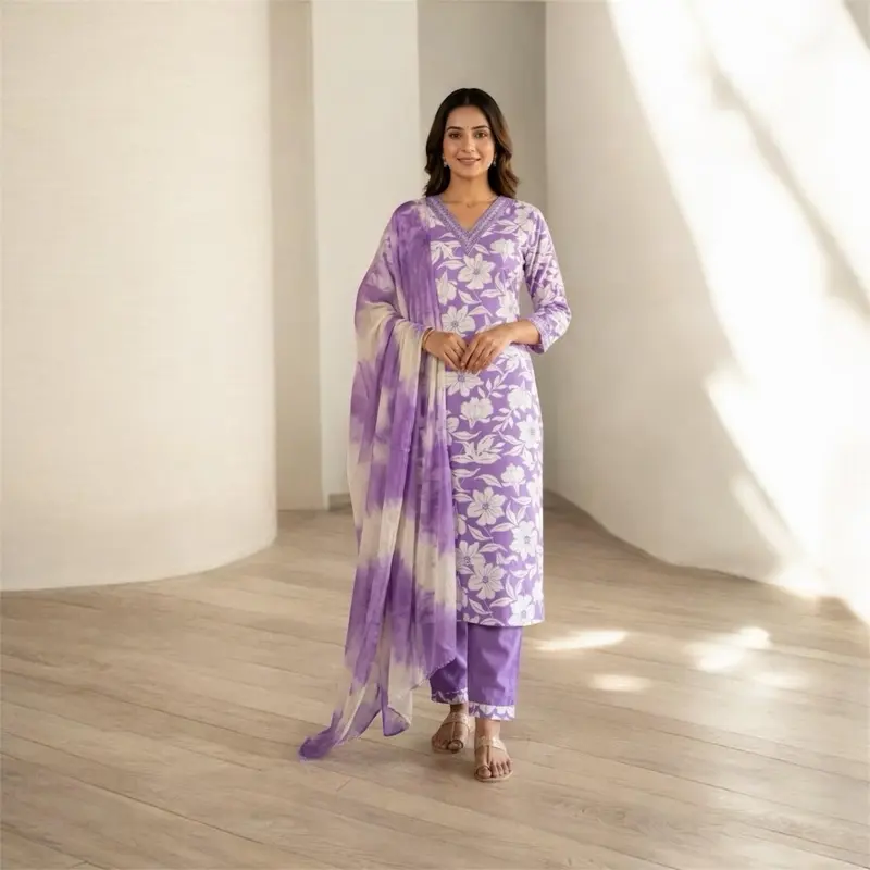 Women's 3-Piece Rayon Kurta Set, Lightweight Breathable Comfortable Chic Elegance Summer Casual Wear Suit, Everyday
