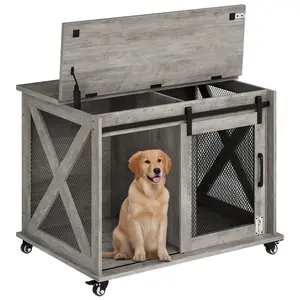 【GARVEE】Multifunctional Dog Crate Furniture with Sliding Barn Door, Flip-Top Opening, Removable and Movable Divider, Wheels, Designed as Indoor Dog Kennel, End Table, and Stylish Large Dog House in Grey or White
