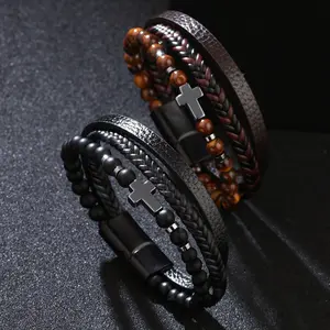 Men's Cross Leather Braided Bracelet Natural Stone Bracelet Cross Bangle Multiayer Braided Wristband Boho Style Magnetic Closeure for Daily Use Christmas Gift for Him
