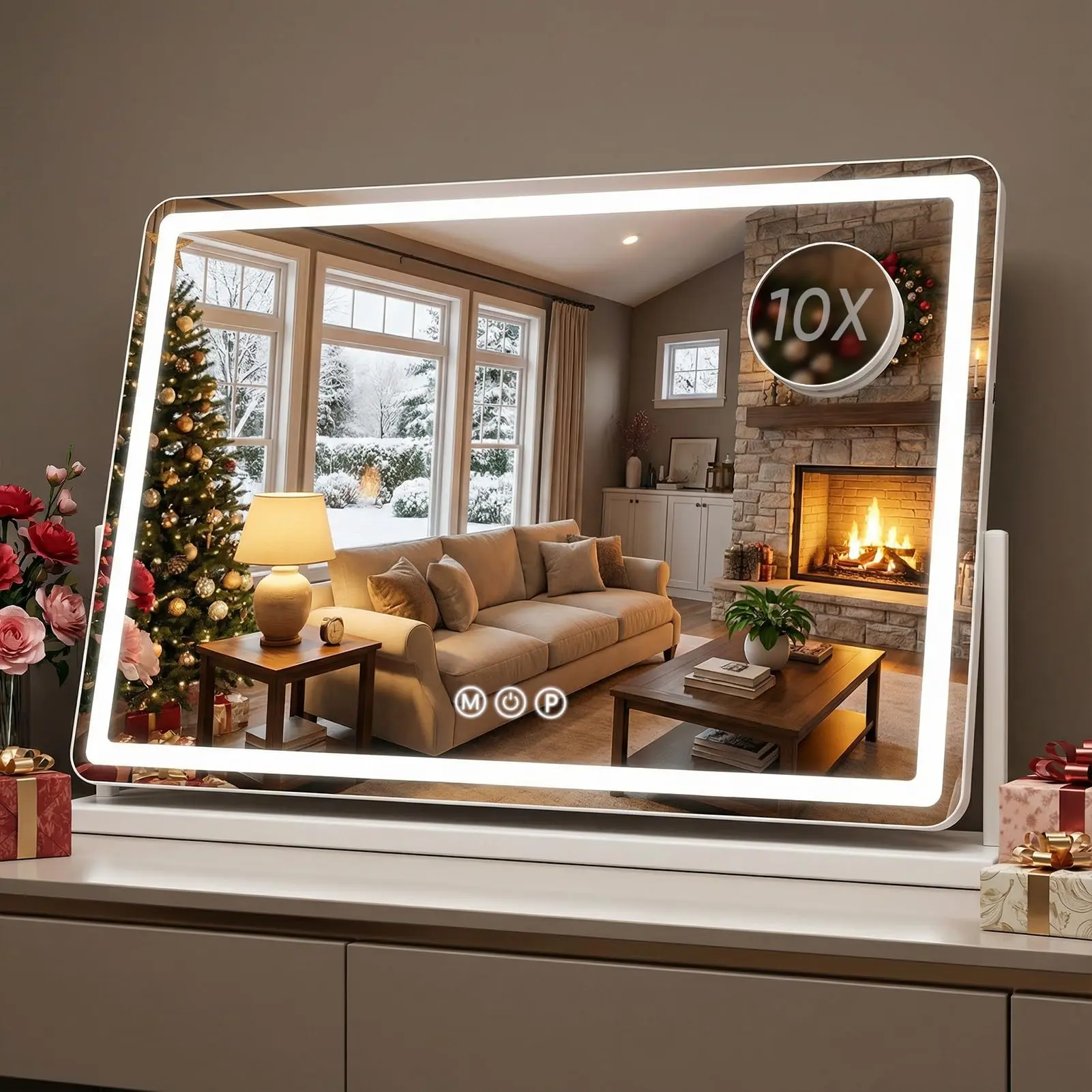 Antok Vanity Mirror with Lights, 33"X23" Lighted Makeup Mirror, Smart Touch, 3 Color Modes and Brightness Adjustable, LED Vanity Mirror with Detachable 10X Magnification, 360° Rotation for Makeup Desk,dorm essentials,home decor