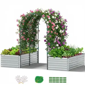 FOOWIN 3 in 1 Galvanized Raised Garden Bed with Trellis, Outdoor Metal Planter Box with Tall Arch Trellis for Climbing Plants, Vegetables & Flowers, 478 Gallon Capacity