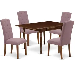 1MZCE5-MAH-10 5Pc Dinette Set Offers a Wood Table and 4 Parsons Dining Chairs with Dahlia Color Linen Fabric, Drop Leaf Table with Full Back Chairs, Mahogany Finish