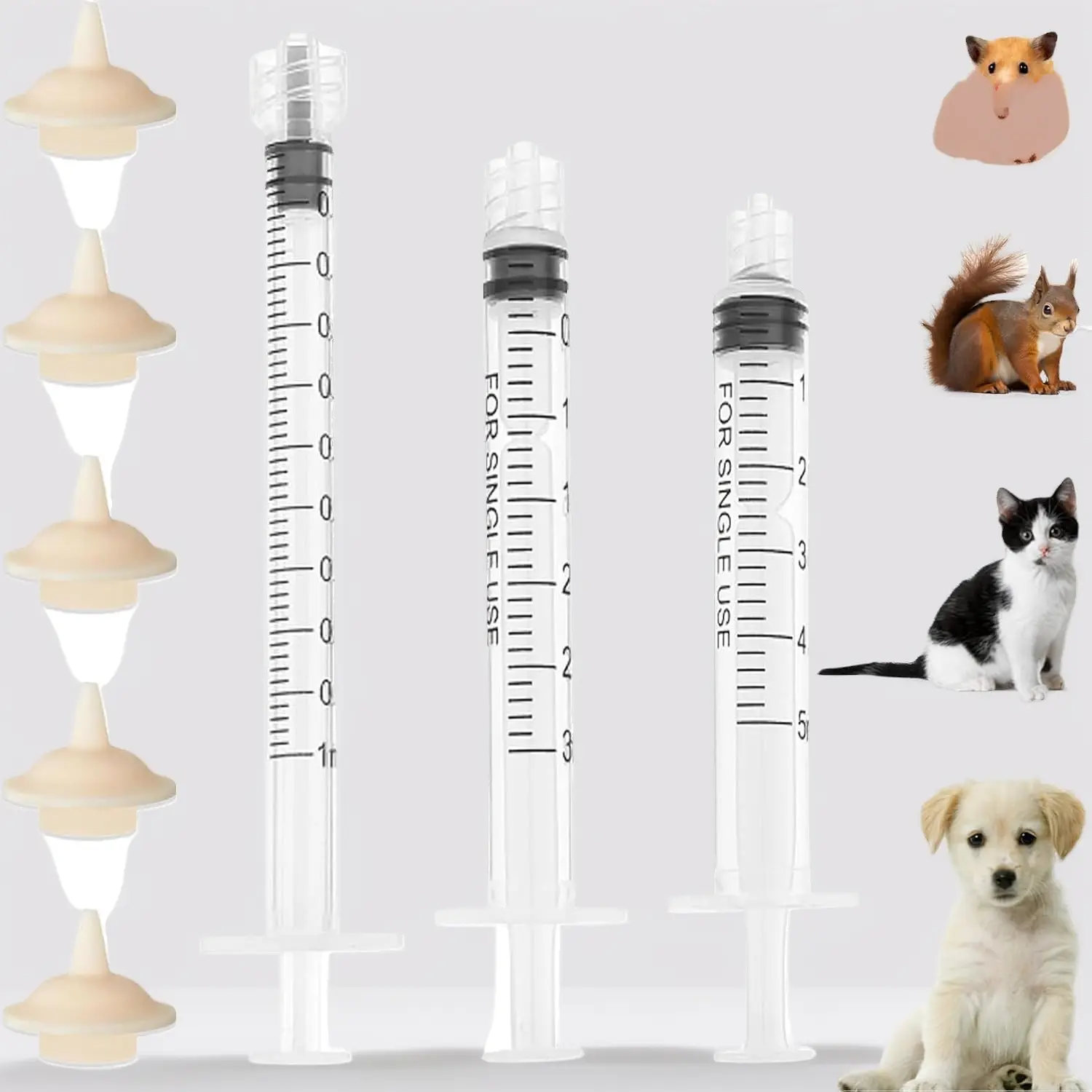 Multi-Size Newborn Pet Feeding Kit Pack, 1ml-3ml-5ml Syringes with 5 Silicone Nipples, Hygienic Individual Wrap for Nursing Orphaned Small Animals